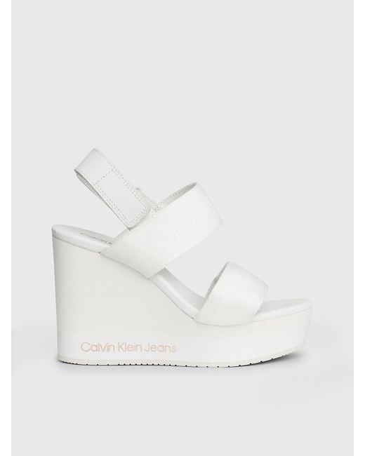 Calvin Klein White Wedge Sandal Webbing In Mtl Yw0yw01479 Sandals
