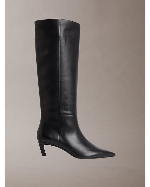 Calvin Klein Brown Leather Kitten Heel Tall Zip Boots