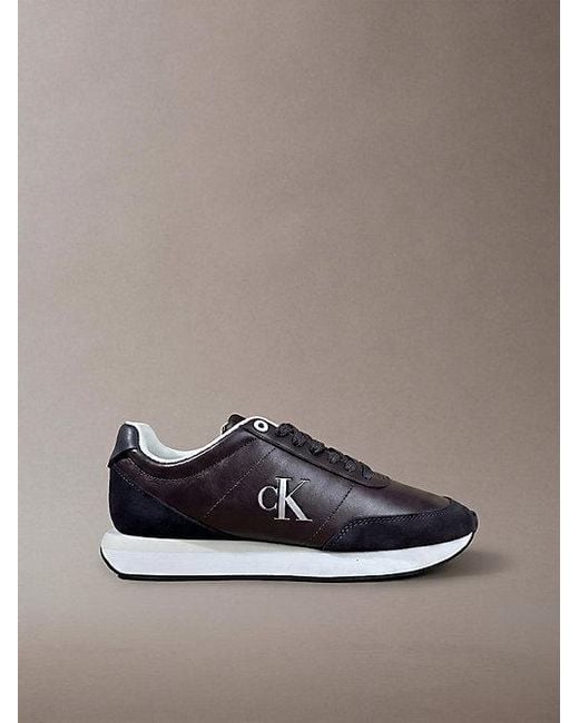 Calvin Klein Gray Leather Signature Logo Runner Trainers