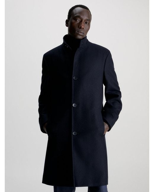 Calvin Klein Blue Wool Funnel Neck Coat for men