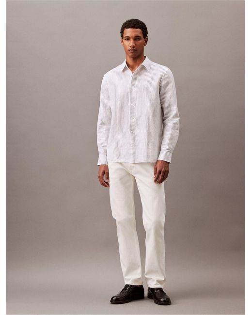 Calvin Klein White Striped Linen Blend Classic Button-down Shirt for men