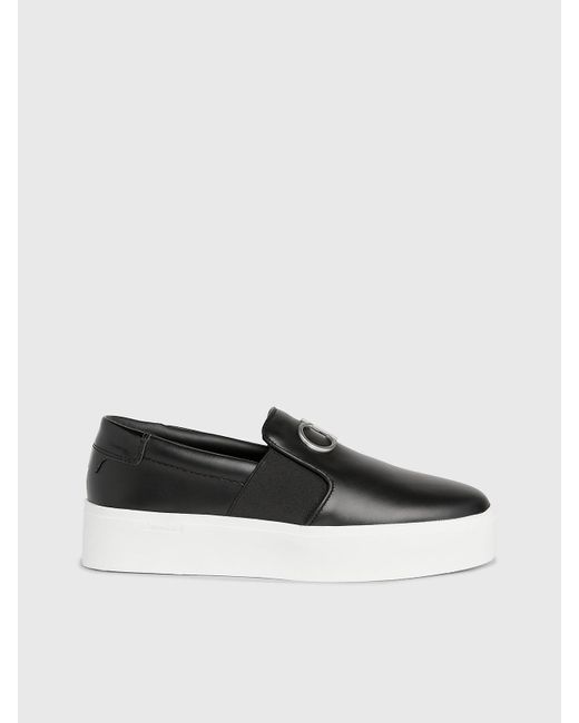 Calvin Klein Black Leather Platform Slip-on Shoes