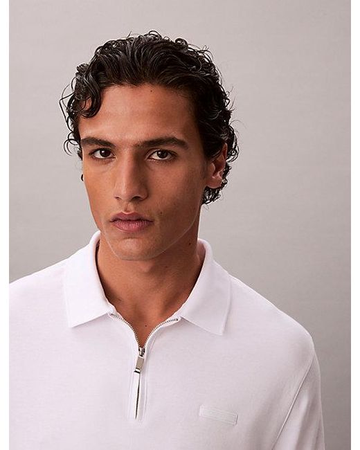 Calvin Klein White Slim Zip Neck Polo Shirt for men