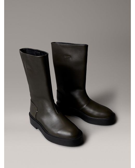 Calvin Klein Black Leather Stacked Heel Boots