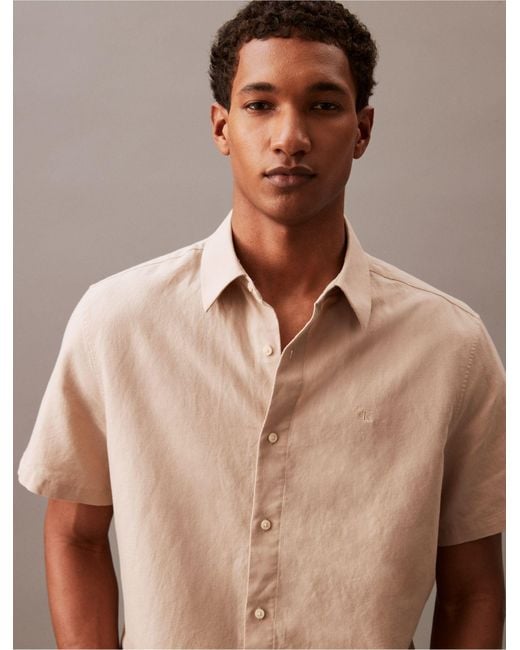 Calvin Klein Brown Solid Linen Blend Classic Button-down Shirt for men
