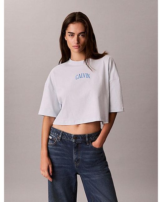 Calvin Klein Purple Jeans Cropped Varsity Logo T-Shirt