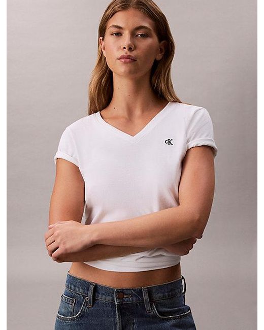 Calvin Klein White Jeans Relaxed Monogram V Neck T-Shirt