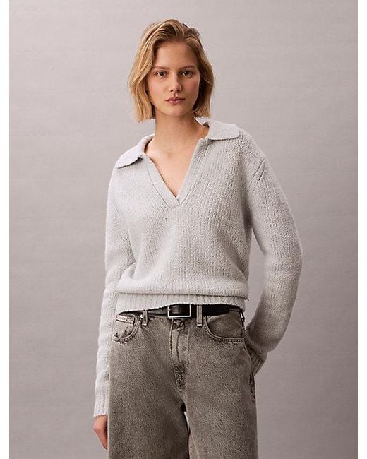 Calvin Klein Gray Jeans Merino Wool Boucle Polo Jumper