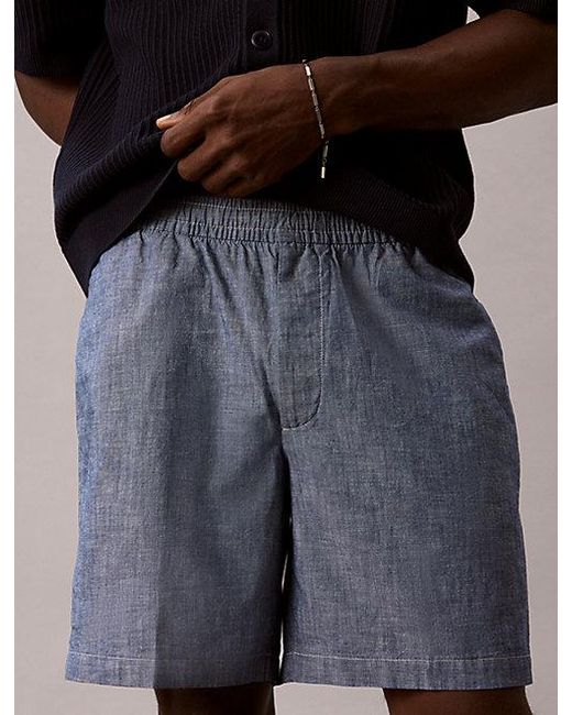 Calvin Klein Blue Jeans Cotton Chambray Drawstring Shorts for men