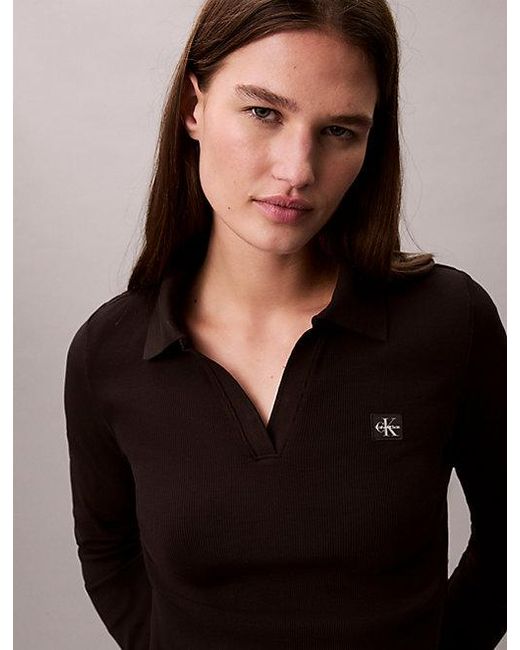 Calvin Klein Black Jeans Woven Monologo Rib Collared Top