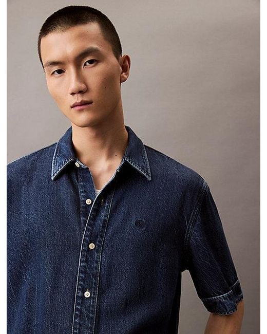 Calvin Klein Denim Lyocell Overhemd Met Korte Mouwen in het Blue voor heren
