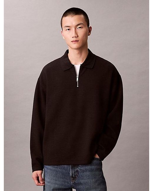 Calvin Klein Black Crinkle Crepe 1 4 Zip Long Sleeve Polo Shirt for men