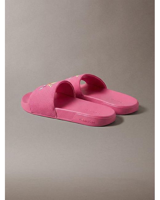 Calvin Klein Pink Canvas Contoured Logo Sliders Pride