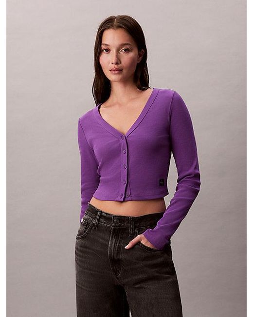 Calvin Klein Purple Jeans Cropped Ribbed Cotton Cardigan