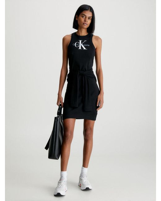 Calvin Klein Black Slim Ribbed Monogram Tank Dress