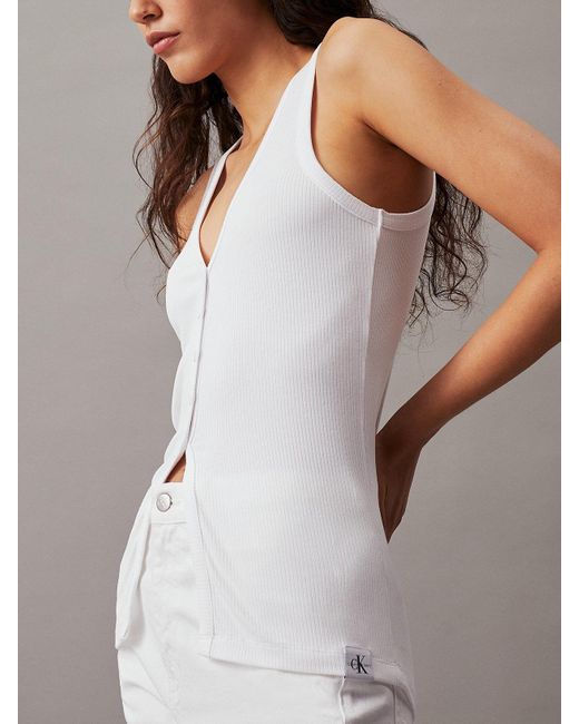 Calvin Klein White Slim Ribbed Buttoned Tank Top