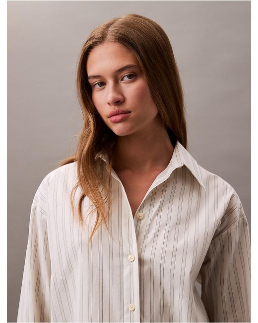 Calvin Klein Brown Cotton Stretch Stripe Relaxed Button-Down Shirt
