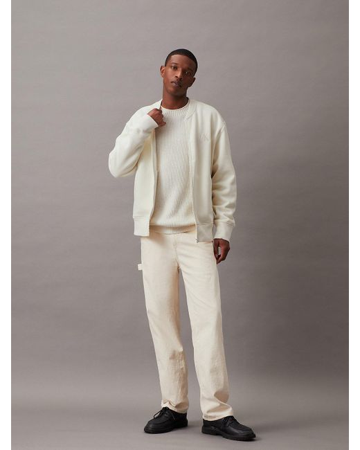 Calvin Klein White Monogram Fleece Bomber Jacket for men