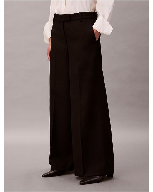 Calvin Klein Black Wool Gabardine Wide Leg Trouser