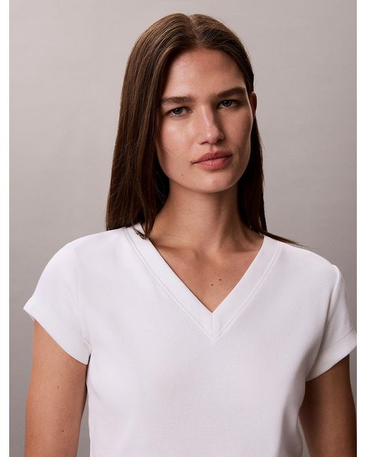 Calvin Klein White Ribbed Cotton V-Neck T-Shirt