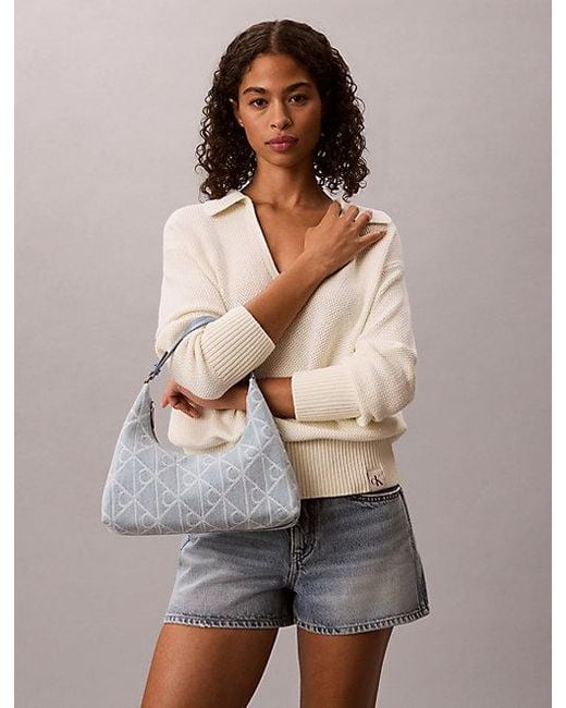 Calvin Klein Blue Denim Allover Emblem Logo Shoulder Bag