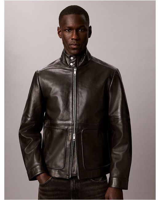 Calvin Klein Brown Lamb Leather Zip Jacket for men
