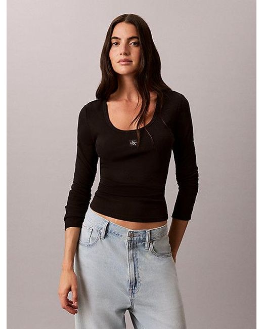 Calvin Klein Black Jeans Ribbed Cotton Long Sleeve Top
