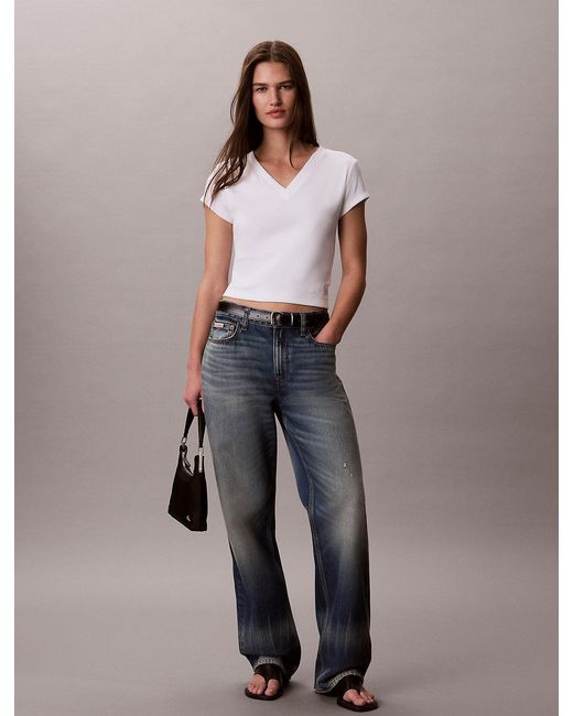Calvin Klein White Ribbed Cotton V-Neck T-Shirt
