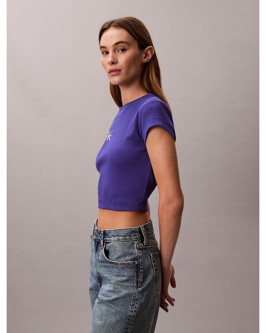 Calvin Klein Purple Slim Ribbed Cotton Logo T-Shirt