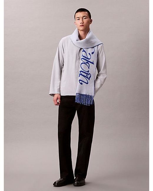 Calvin Klein Blue Warm Soft Wool Logo Scarf for men