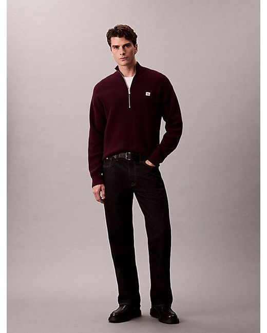 Calvin Klein Red Cotton Waffle Quarter Zip Jumper for men