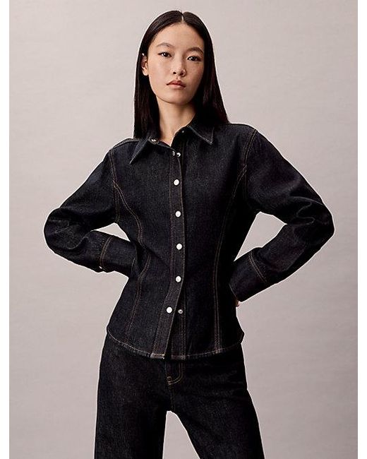 Calvin Klein Black Jeans Denim Seamed Button Up Shirt