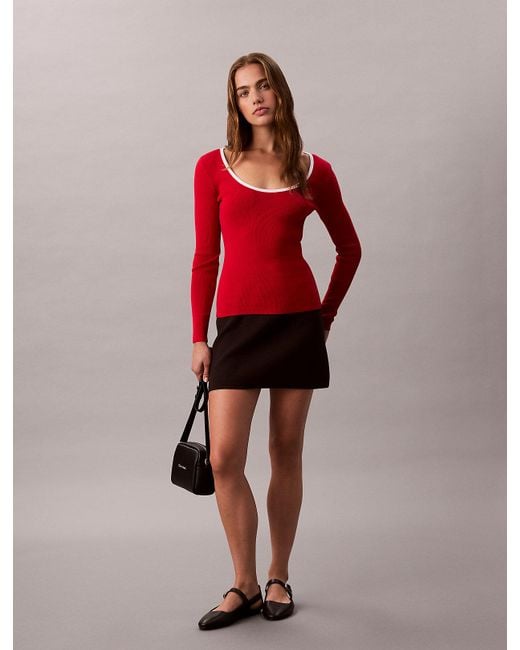 Calvin Klein Red Cotton Blend Classic Scoopneck Jumper