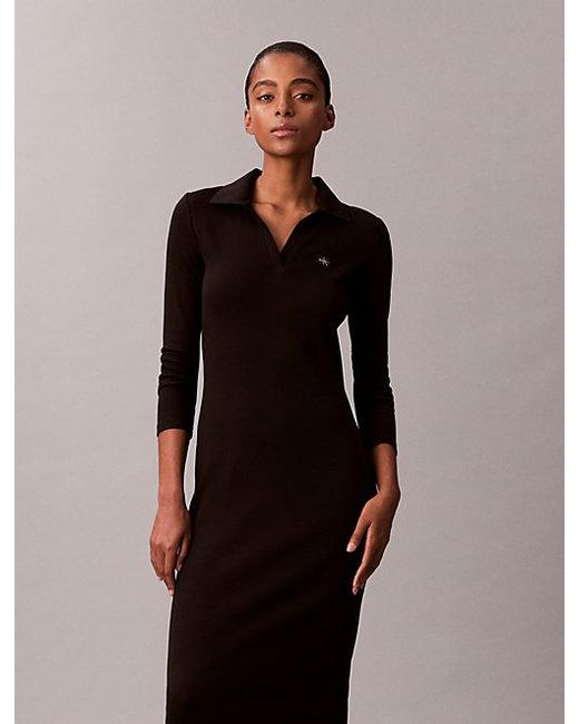 Calvin Klein Black Jeans Woven Monologo Rib Midi Dress