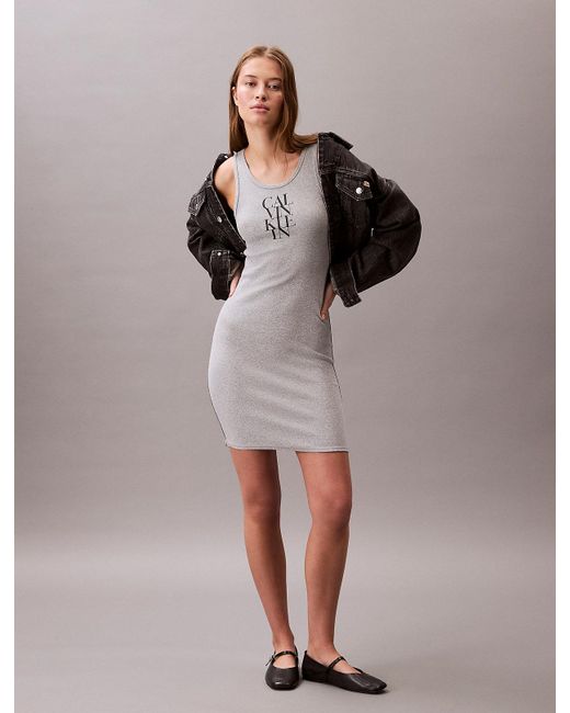 Calvin Klein Brown Logo Graphic Ribbed Tank Dress