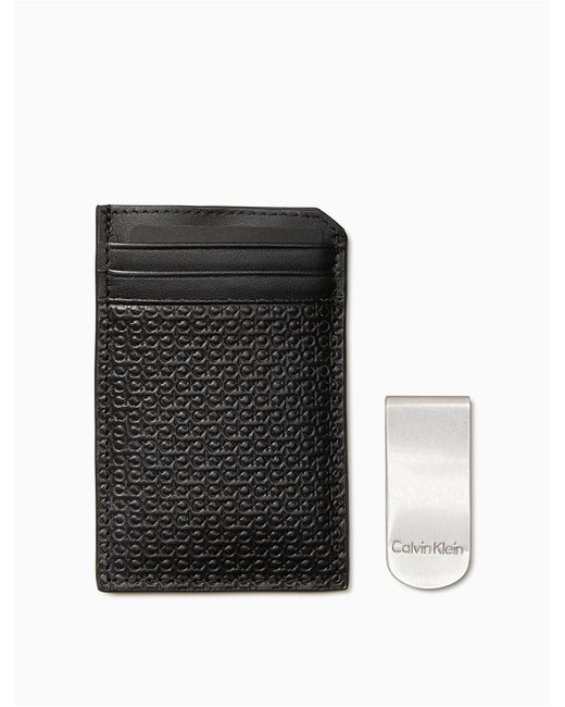 Calvin Klein Leather Embossed Monogram Logo Card Case + Money Clip Gift