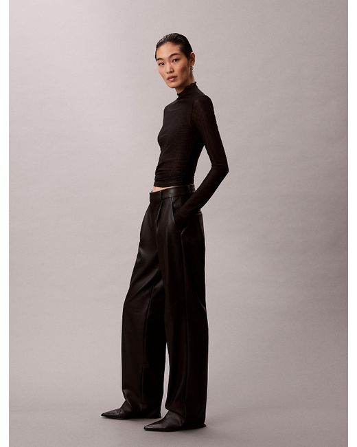 Calvin Klein Black Faux Leather Pleated Trousers