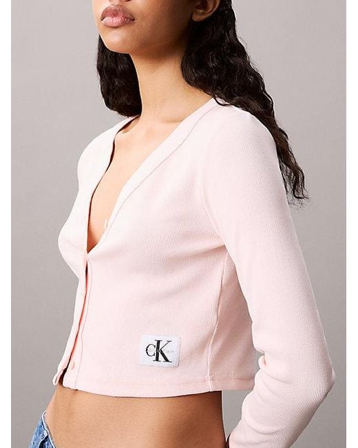 Calvin Klein White Cropped Cardigan Aus Gerippter Baumwolle