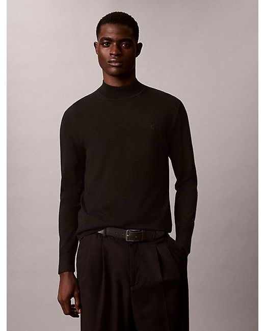 Calvin Klein Black Merino Wool Mock Neck Jumper for men