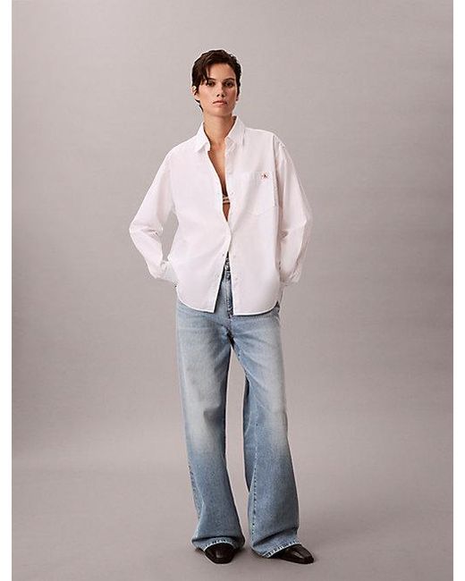 Calvin Klein White Jeans Woven Monologo Poplin Button Down Shirt