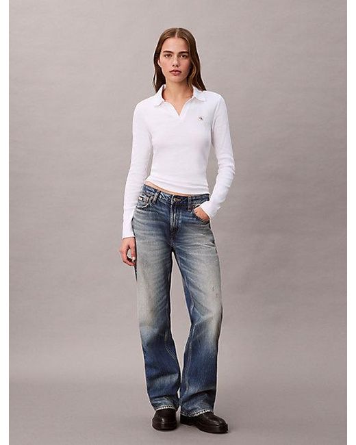 Calvin Klein Blue Jeans Woven Monologo Rib Collared Top