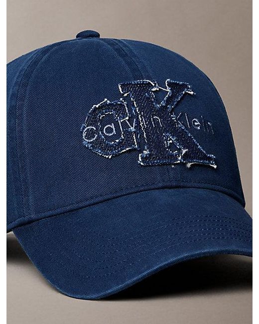 Calvin Klein Blue Frayed Monogram Appliqué Baseball Cap for men