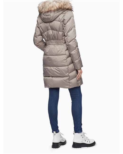 Calvin Klein Faux Fur Hood Down Blend Longline Puffer Coat | Lyst