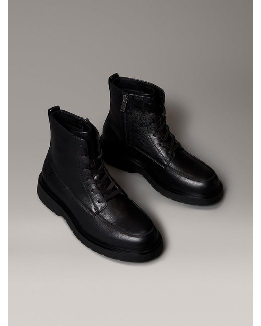 Calvin Klein Black Leather Apron Toe Lace-Up Zip Boots for men