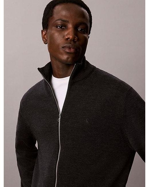 Calvin Klein Black Merino Wool Zip Up Cardigan for men