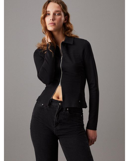 Calvin Klein Black Milano Jersey Zip Up Top