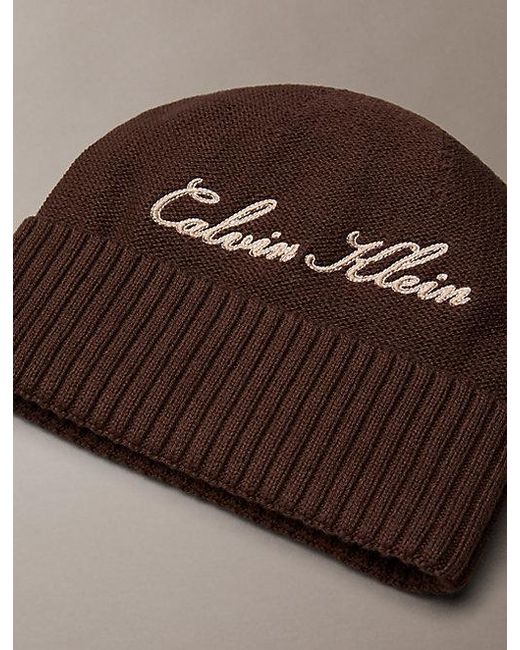 Calvin Klein Brown Cotton Logo Embroidery Beanie for men