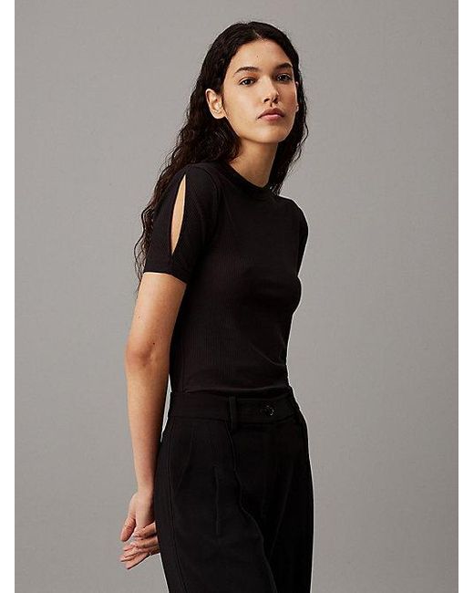 Calvin Klein Geribbelde Slim Modal Top in het Black