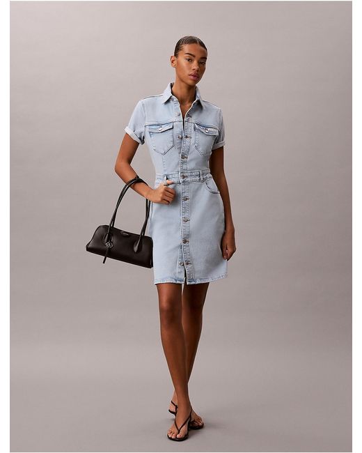 calvin klein denim trucker dress Calvin Klein Calvin Klein Denim Mini Trucker Dress in Gray