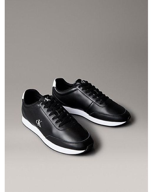 Calvin Klein Gray Jeans Leather Signature Logo Runner Trainers for men